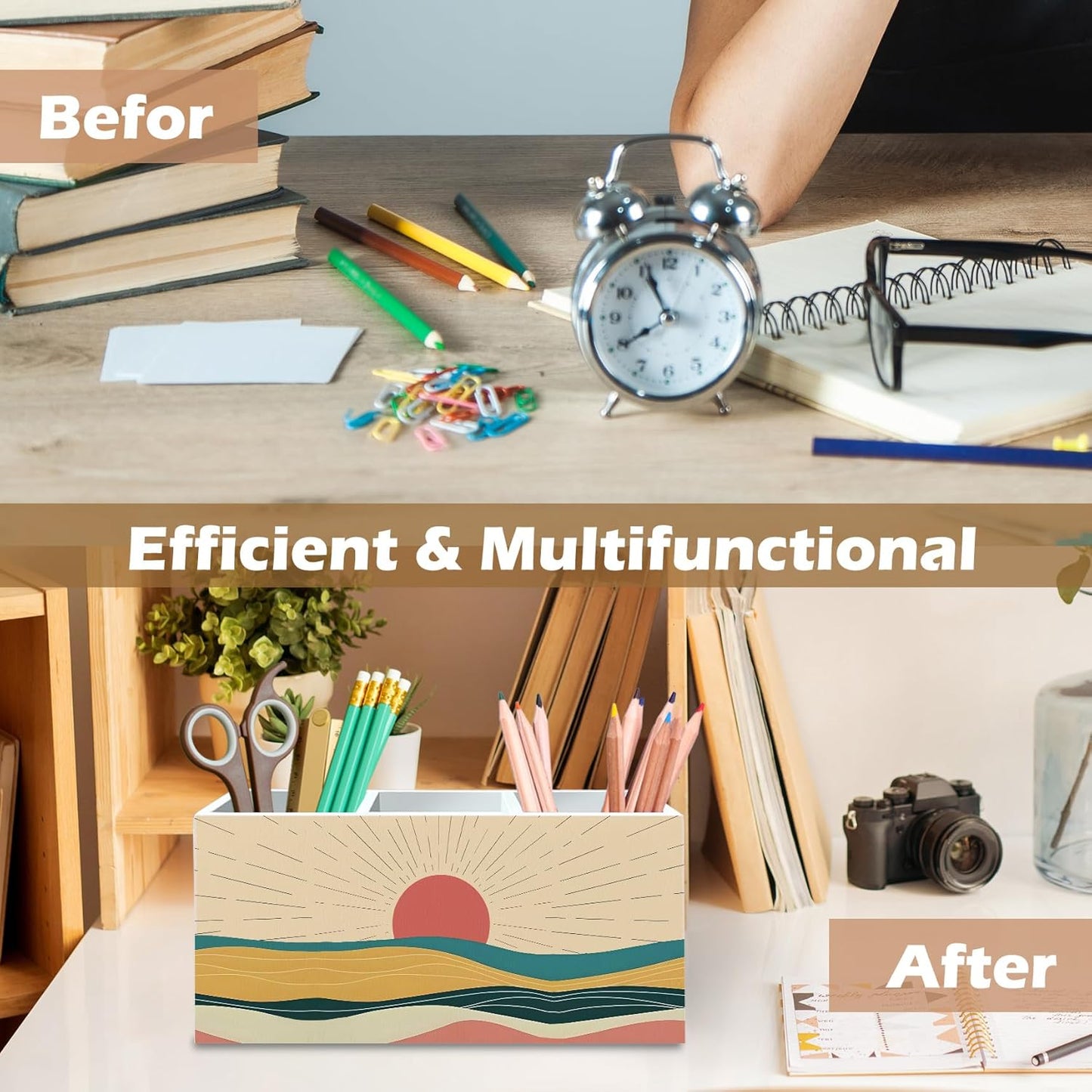 DILSJ Boho Abstract Sunshine Pen Pencil Holder Organizer for Desk, Boho Office Decor, Mid Century Modern Minimalist Sunshine Landscape Wooden Box Signs for Home Office Desk Tabletop Decoration