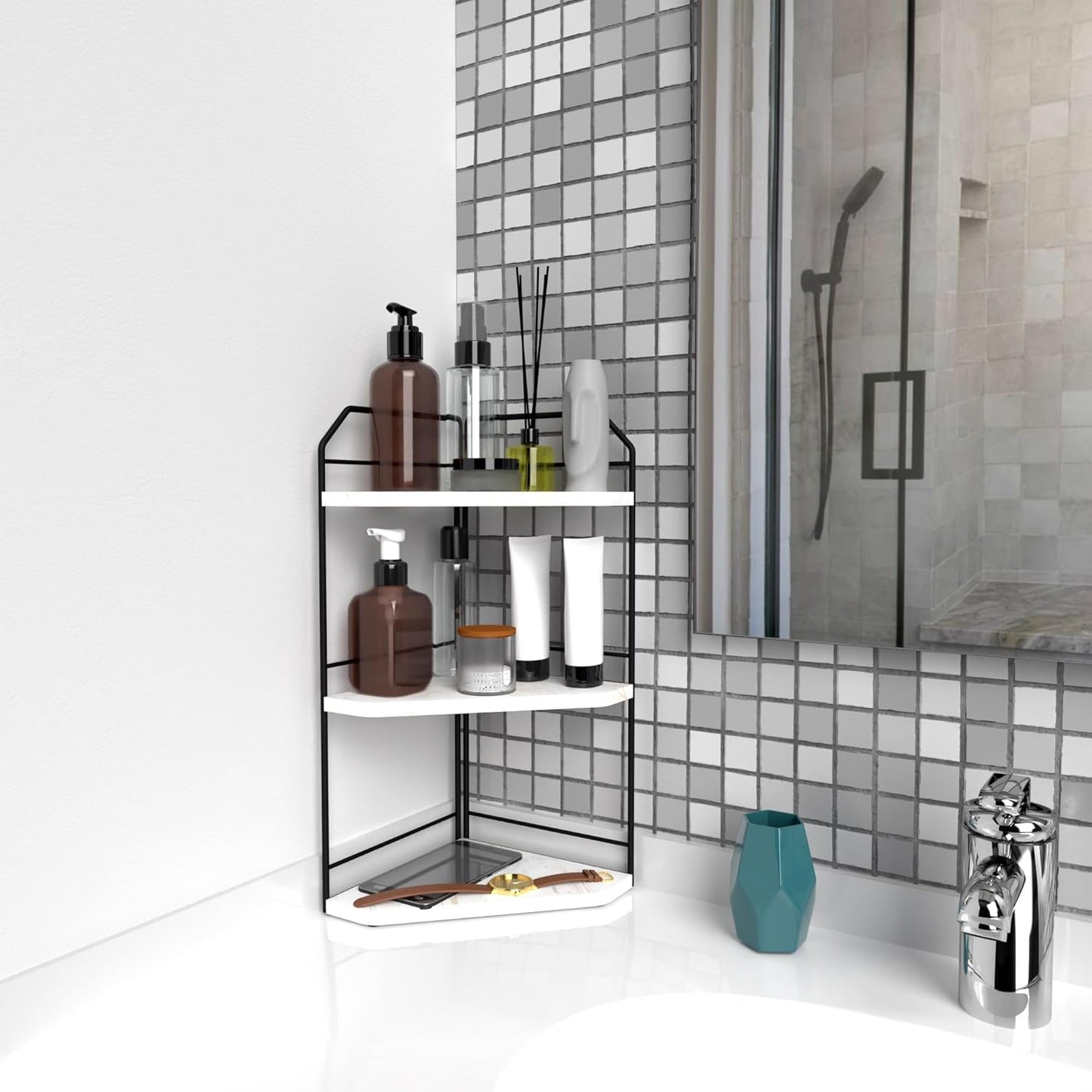 Corner Bathroom Counter Organizer - 3 Tier Wood Vanity Counter Shelf Perfume Skincare Holder, Countertop Corner Shelf Organizer for Bathroom, Kitchen, Rustic White