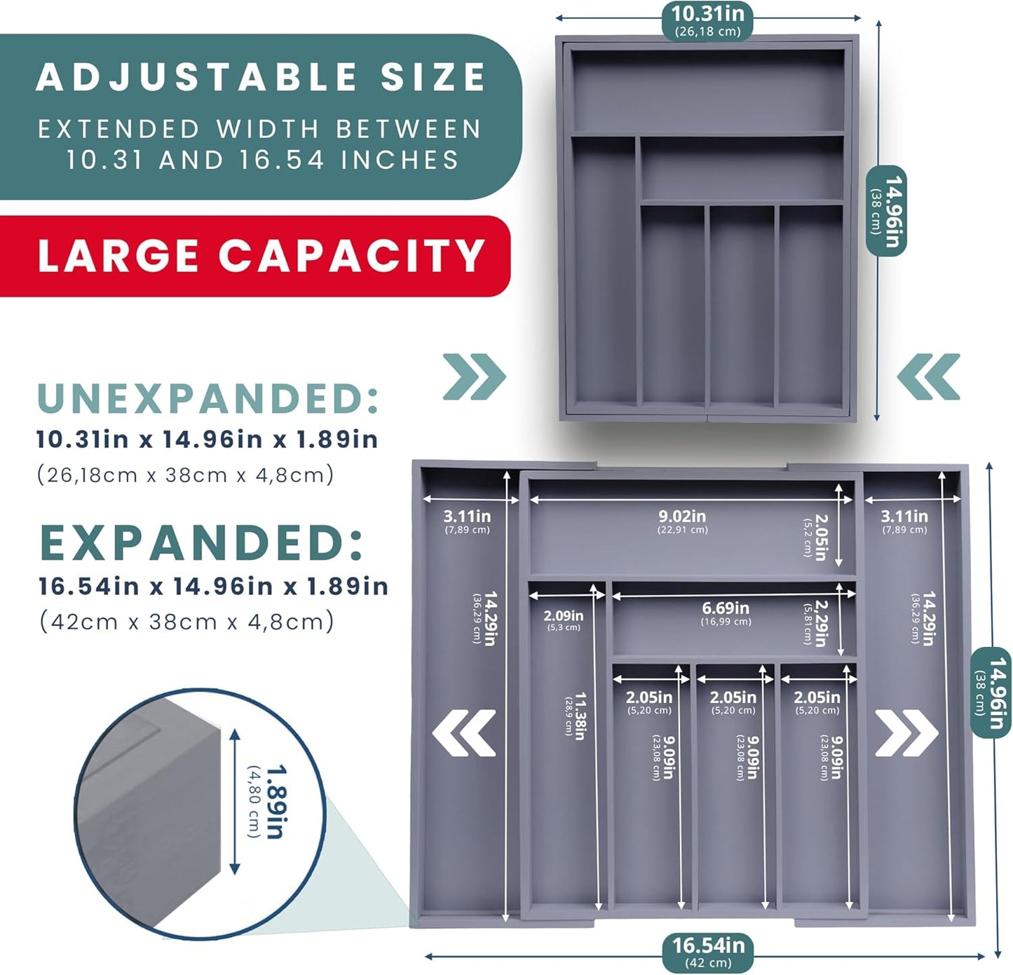 Sben Expandable Drawer Organizer for Utensils Holder, Adjustable Cutlery Tray, Wood Drawer Dividers Organizer for Silverware, Flatware, Knives for Kitchen (Gray)