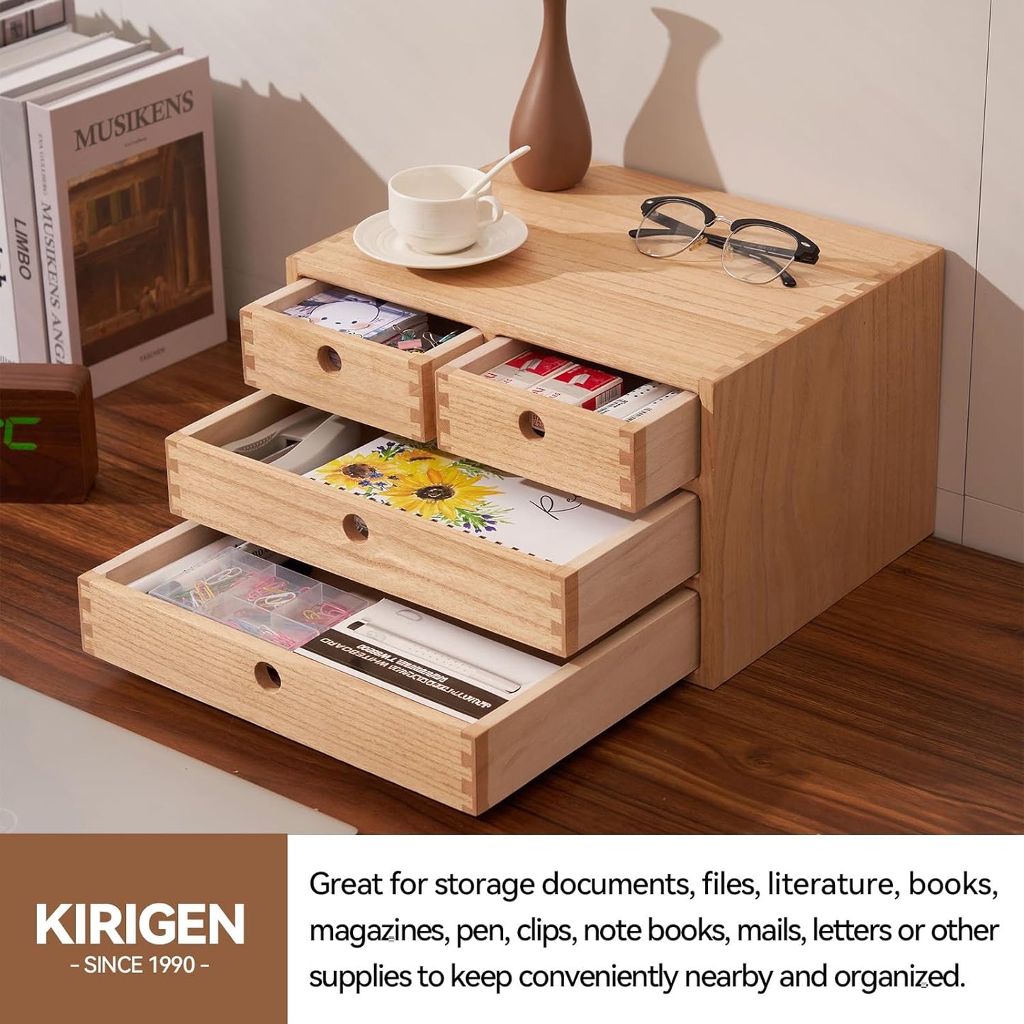Kirigen Natural Wood Desktop Organizers with Drawers - Home Workspace Office Supplies Wooden Storage Box Shelf Case - Hold Makeup Box (NA, 3-Layer &4 Drawers)