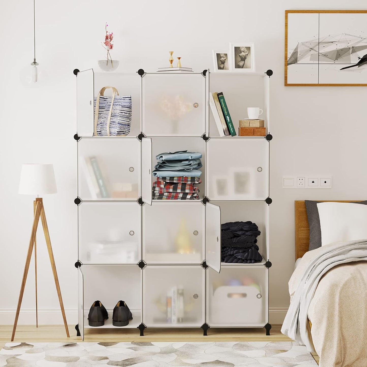 AWTATOS 12 Cube Storage Organizer with Doors, DIY Plastic Closet Shelf, Modular Bookshelf, Stackable Shelving Rack for Bedroom, Living Room, Translucent ULPZ011