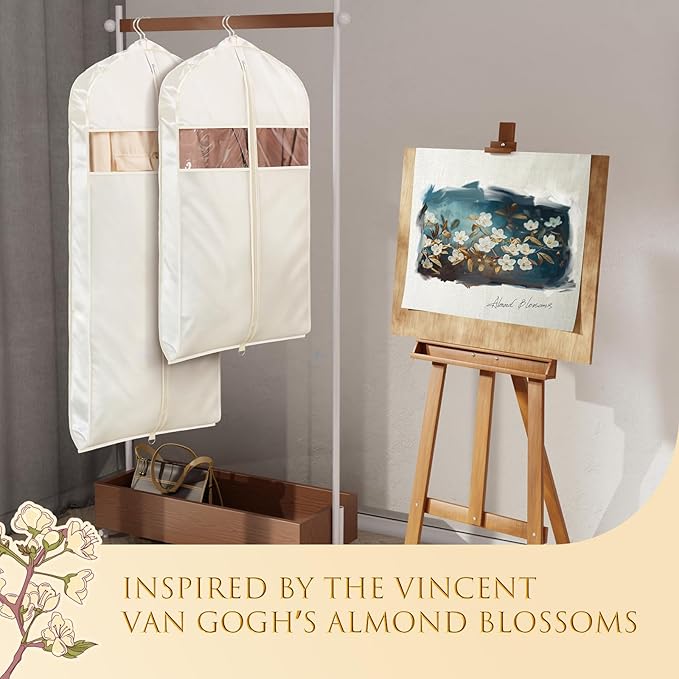 Univivi Super Soft Satin Garment Bags for Hanging Clothes, 43 Inch Zippered Suit Cover with Gussets, Breathable & Non-smell for Suits, Coats, Jackets, Shirts, 2 Pack - Apricot