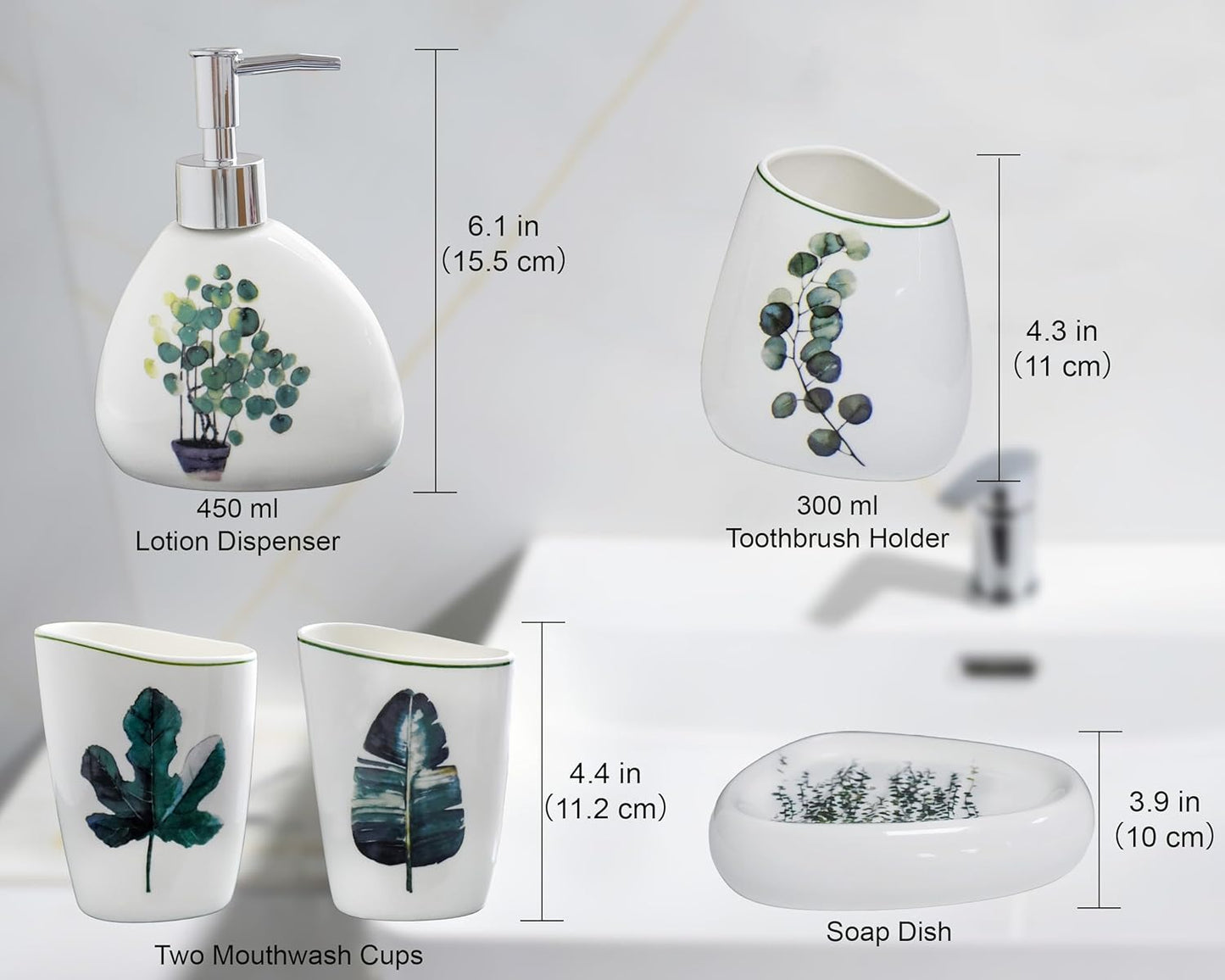 5 Piece Ceramic Bathroom Accessory Set with Botanical Pattern, Includes Soap Dispenser, Toothbrush Holder, Soap Dish & 2 Mouthwash Cups, Modern Elegant Countertop Decor for Bathroom Vanity