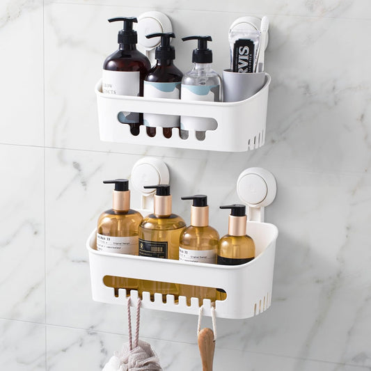 LEVERLOC Shower Caddy Suction Cup Shelf Basket Pack of 2 One Second Installation Removable Powerful Suction Cup Bathroom Organizer Max Hold 22lbs Shower Storage Plastic