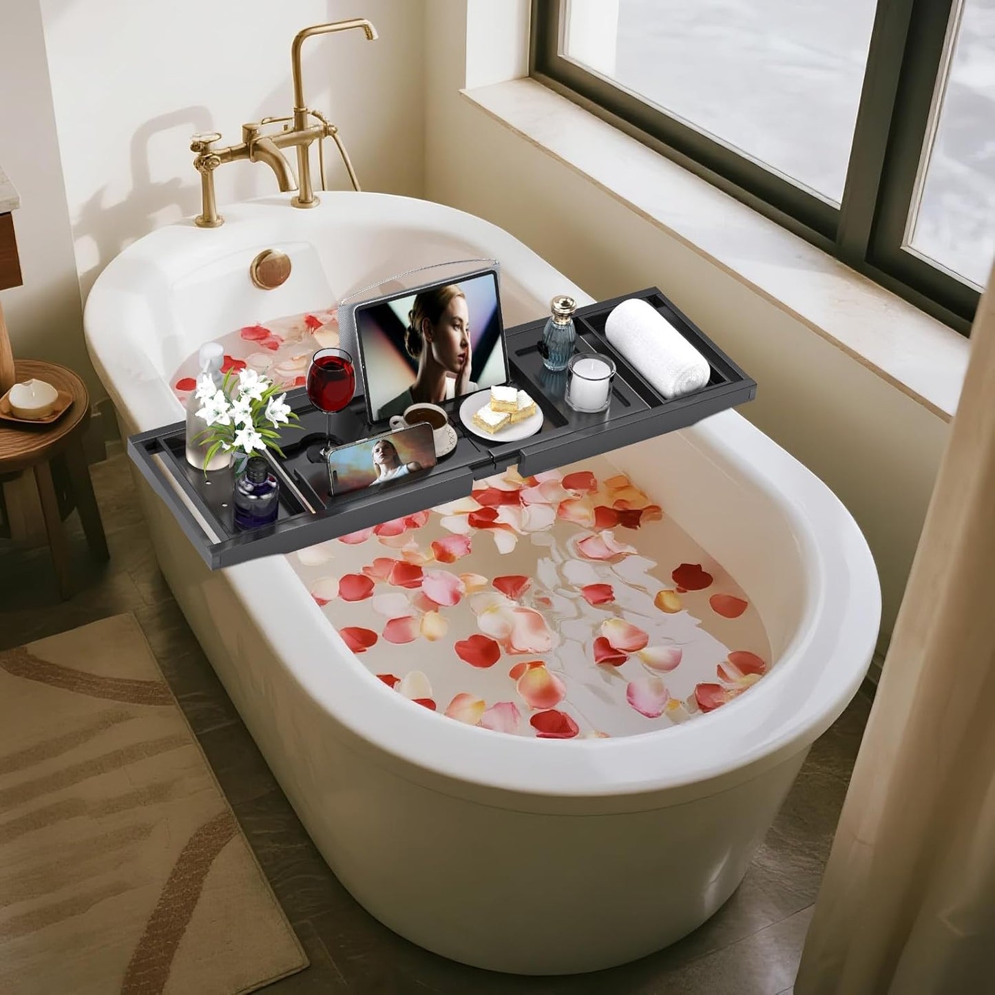 Bathtub Tray Caddy, Expandable Bath Trays for Tub, Bamboo Shelf & Table with Wine Glass Holder,Bathroom Accessories for New Home & Mothers Day & Birthday Gifts for Mom,Black