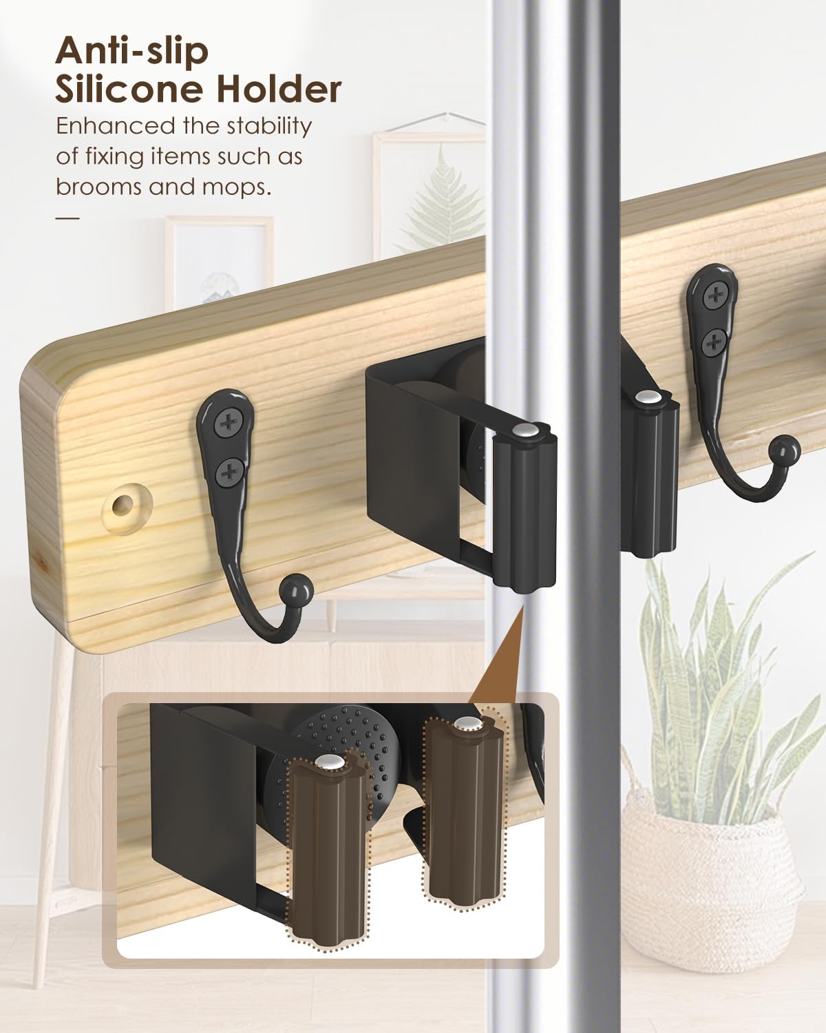 Broom Holder Wall Mounted, Light Wood 4 Holders and 4 Hooks Mop Holder, Wooden Mop and Broom Holder with Anti slip rubber, Natural pine wood Brush Holder, Mop Wall Holde with Nail installation