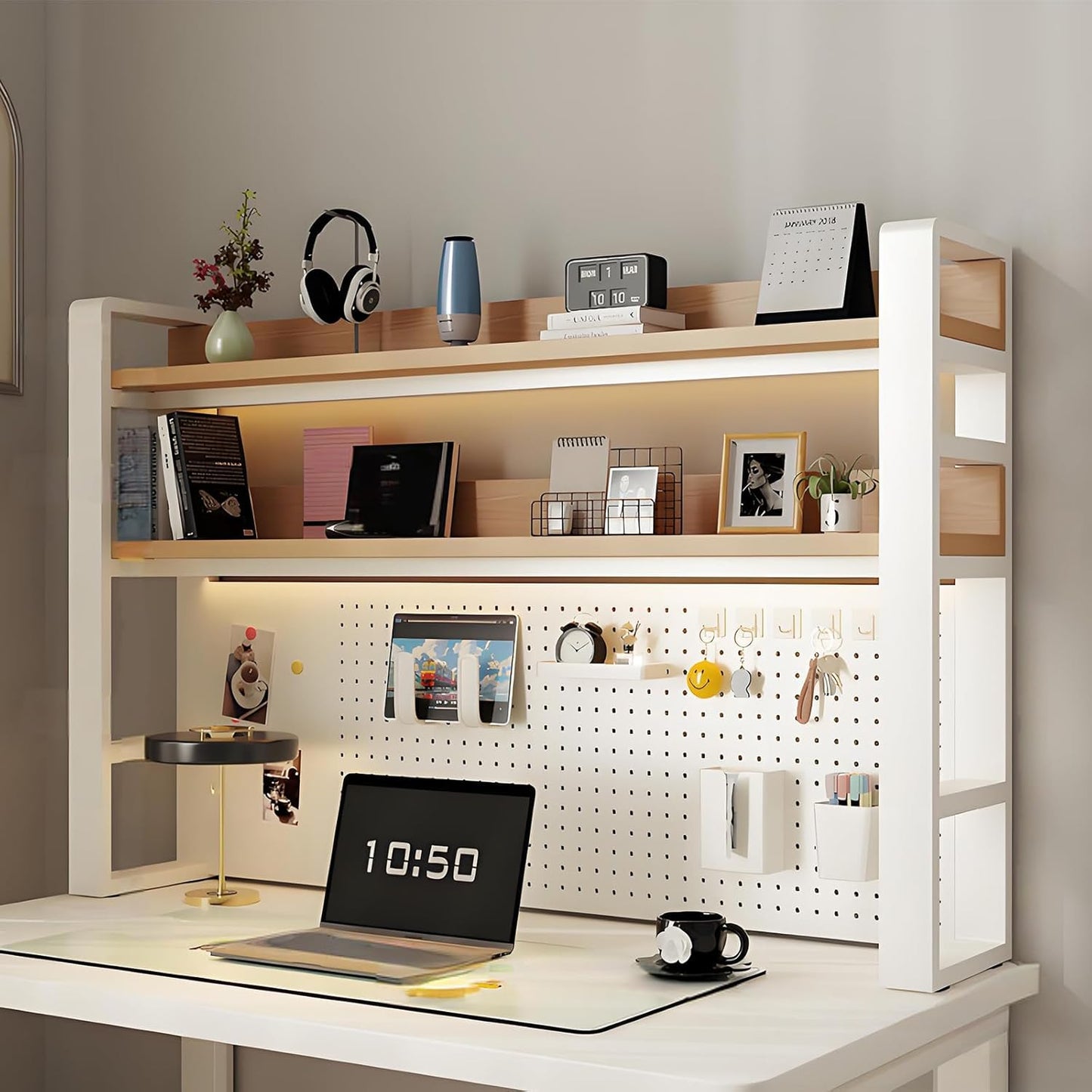 2/3 Tier Desk Hutch with Pegboard, Desk Shelf Organizer with Metal Frame, Space Saving Desktop Bookshelf, Desktop Shelf Organizer Display Rack for Study Table, Home, Off White+Wood 45×10×37"(3-Tiers)