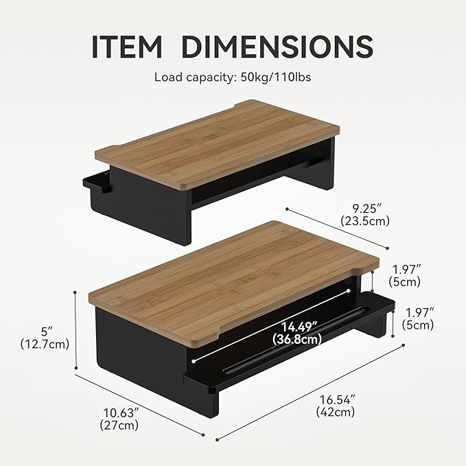 Monitor Stand Monitor Stand Riser for Desk,Wood Desk Shelf Storage Organizer with Phone Tablet Holder (16.5 Inch, Black & Dark Bamboo)
