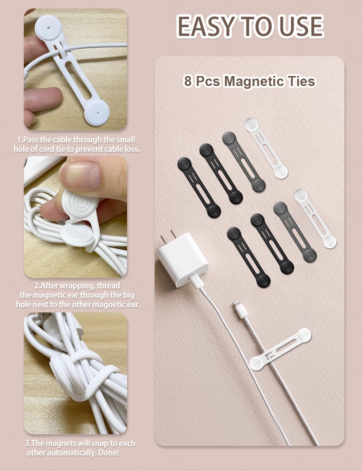 Kanemc 8 Pack Magnetic Twist Ties, Silicone Cord Organizer Magnet Reusable Cable Straps For USB Earphone Charger Video Computer Cables (4Black+2White+2Grey)