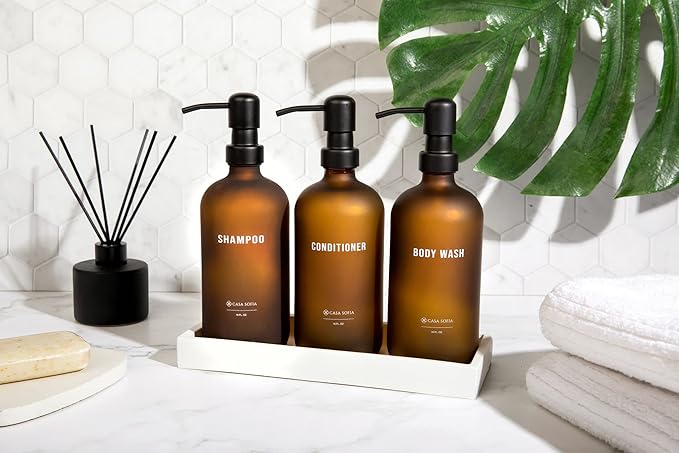 Frosted Amber Glass Shampoo and Conditioner Dispenser Set – Refillable 16 OZ Bottles with Pump, Concrete Tray Included – Modern Bathroom Organization