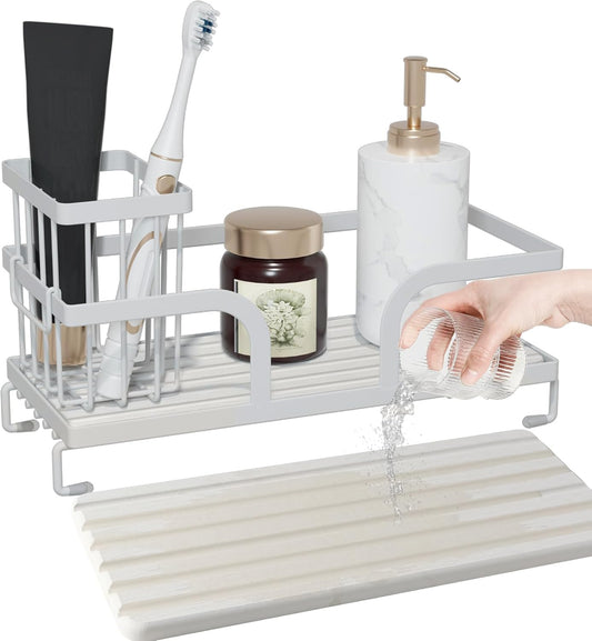 Bathroom Counter Organizer,Perfume Tray,Stone Drying Mat for Kitchen Counter,9.7" x 4.2"x 3.2", Ideal for Bathroom Organizers and Storage, Vanity, Skincare, Present, and More,1PCS White