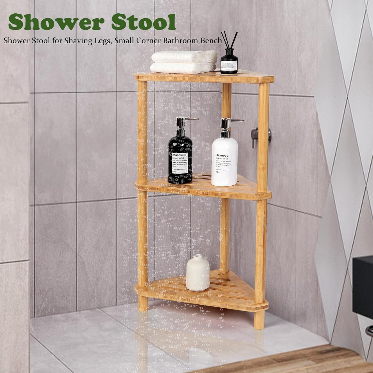 Bamboo Corner Shower Caddy Stand 3-Tier Waterproof,Free Standing Corner Shelf Shower Stool Organizer for Inside Shower,Space-Saving Storage Shelf with Anti-Slip Feet
