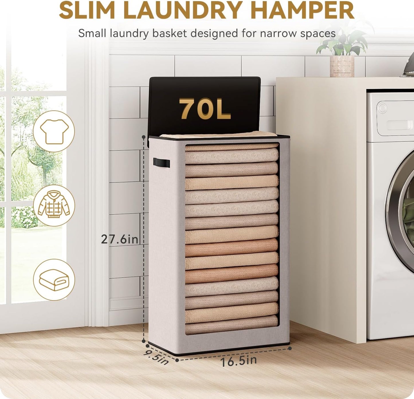 SOLEDI Slim Laundry Hamper with Lid, Narrow Laundry Basket with Removable Bags, Dirty Clothes Hamper with handle, Small Hamper perfect for Laundry room, Bathroom, Bedroom, Small spaces.Light taupe