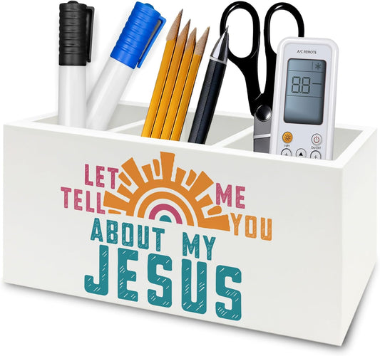 Boho Jesus Christian Pen Pencil Holder Organizer for Desk, Let Me Tell You about My Jesus Bible Verse Wooden Box Signs Decorations for Home Office Desk Tabletop