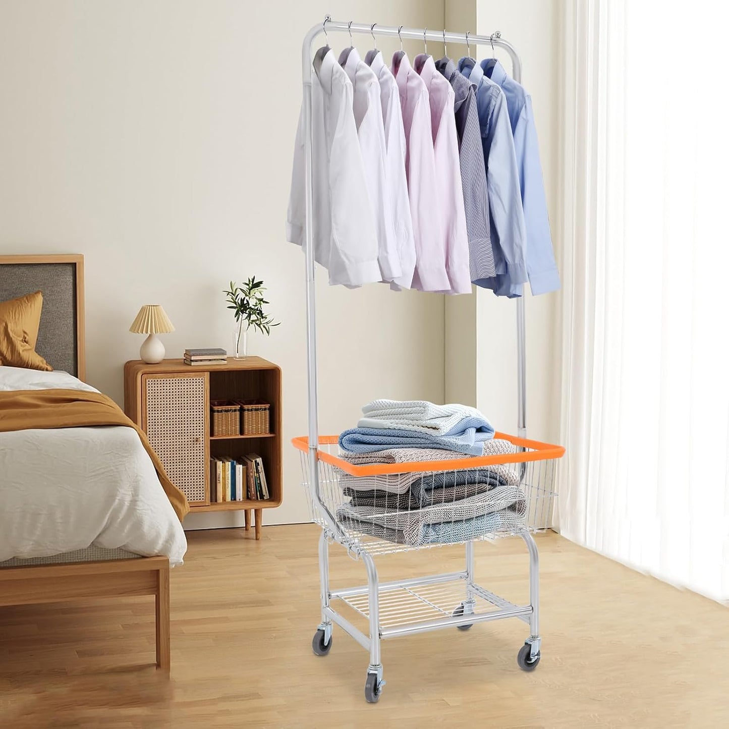 Laundry Basket with Wheels,Commercial Heavy Duty Rolling Wire Lau-ndry Ba-sket Cart with Rod Rack for Clothes Storage (Type 4)