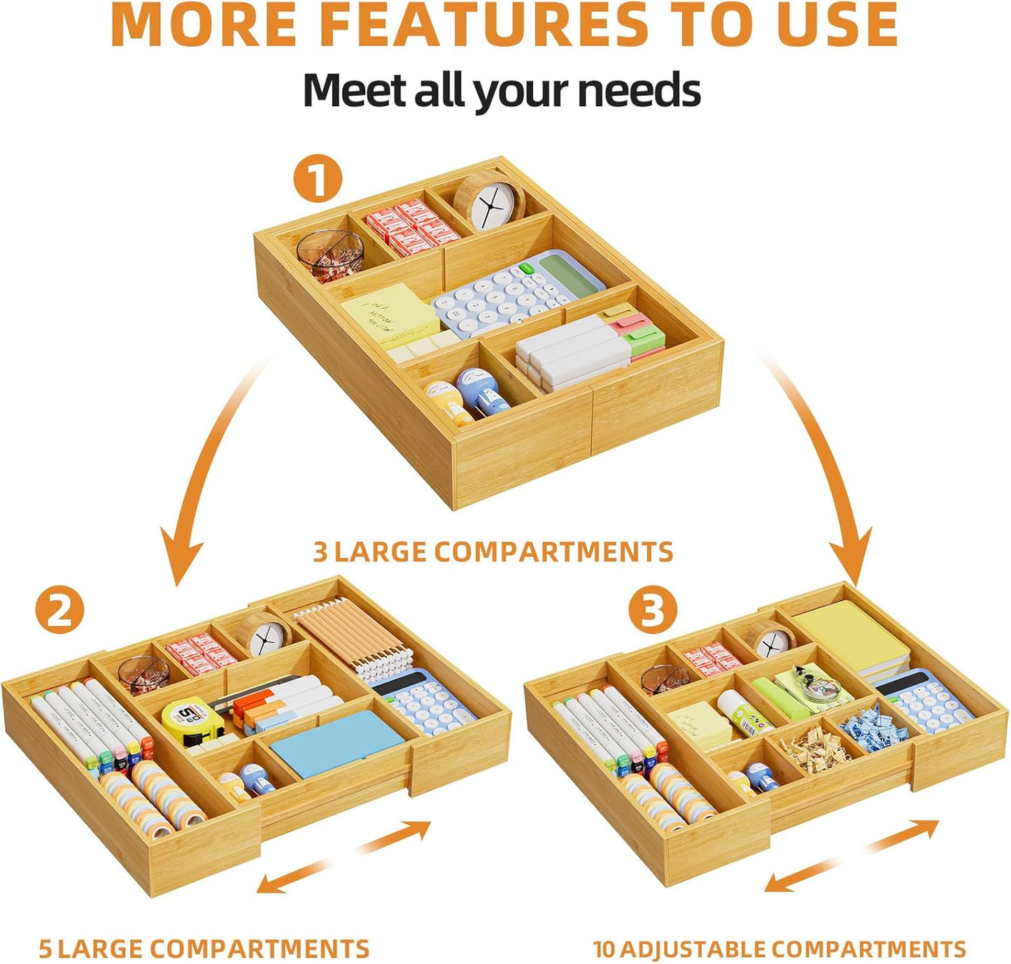 Marbrasse Bamboo Expandable Drawer Organizer, Desk Drawer Organizer Tray with 5 Dividers, Desk Organizers and Accessories, 10 Adjustable Compartments for Office Supplies, Junk, Makeup & Vanity