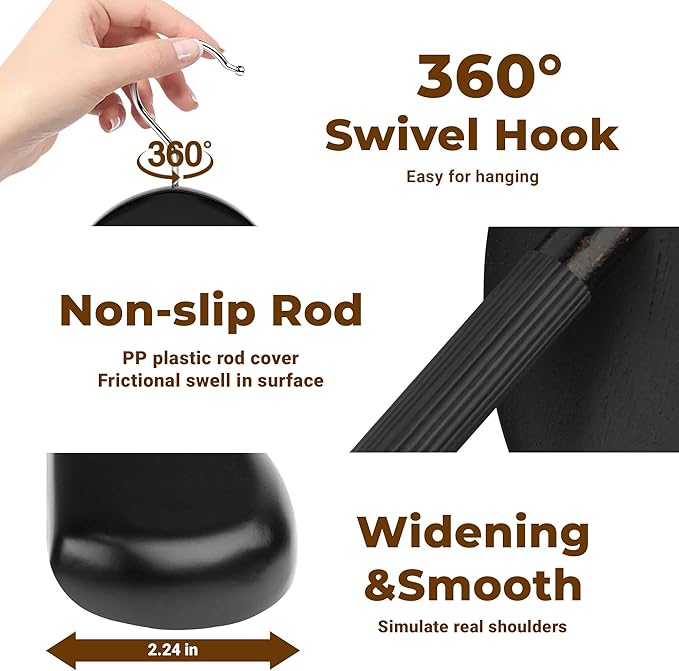 Coat Hanger 8-Pack, MEQUTION Wood Hangers Trouser Hangers Extra Wide Shoulder Wooden Hangers for Heavy Coat, Sweater, Skirt, Suit, Pants, Retro Finish (Black)