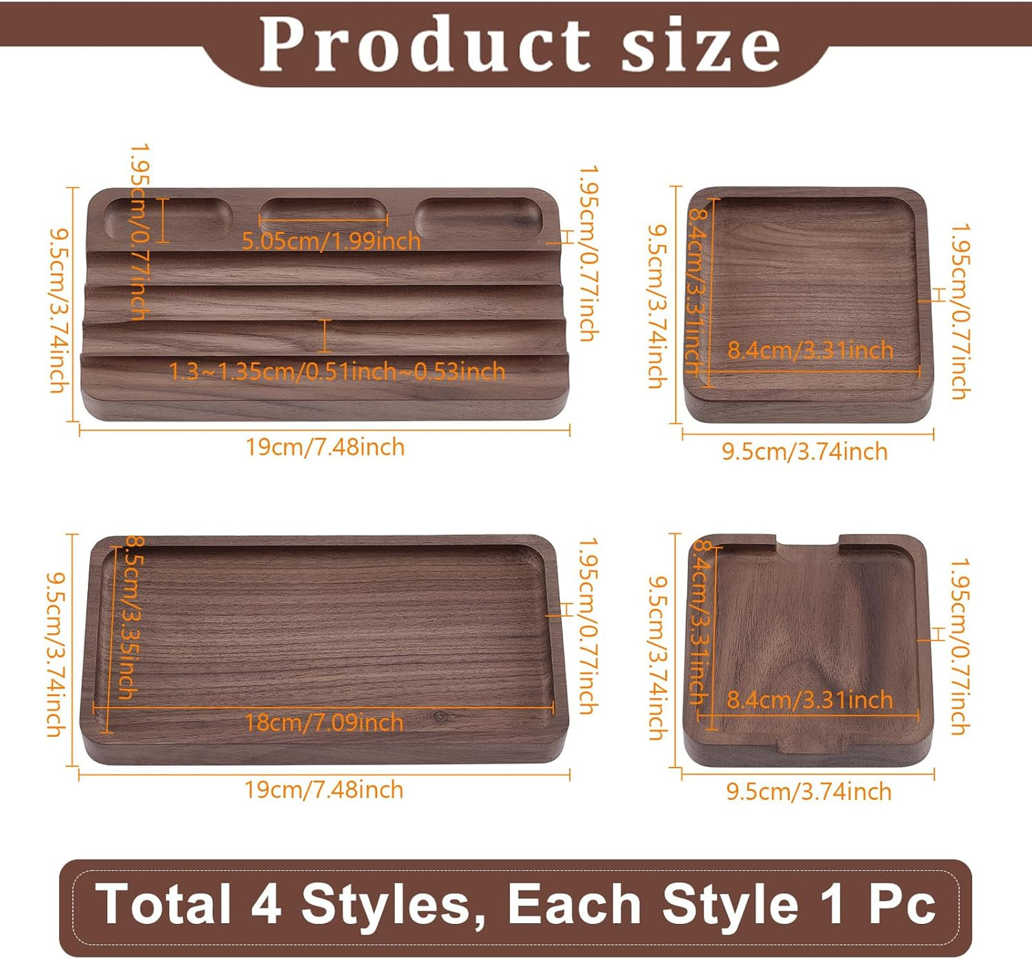 4 Piece Wooden Desk Organizer Tray With Pen Holder, Walnut Wood Pencil Holder, Minimalist Desk Accessories, Mens Valet Tray Office Supplies, Stationery Pen Key Wallet Catchall Trays