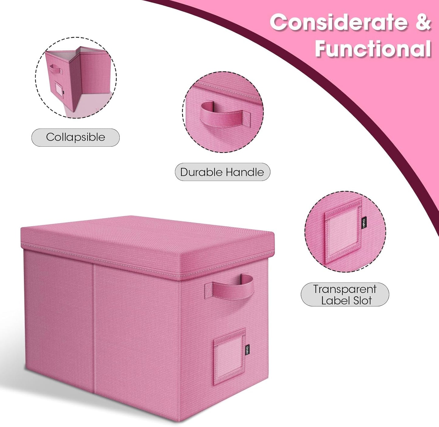 File Organizer Boxes with Lid, Linen Hanging File Storage Boxes with Handle, Collapsible Document Filling Boxes for Letter/Legal Folder, Portable File Box for Office/Decor/Home (2 Pack, Pink)