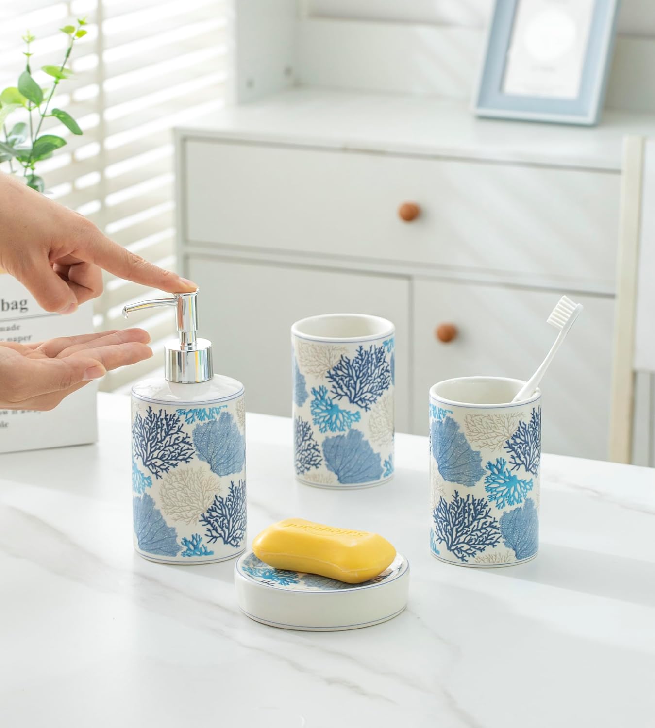 Blue Coral Bathroom Accessories Set Porcelain Coastal Bath Decor soap Dispenser Toothbrush Holder bumbler soap Dish Jewelry Tray Bathroom countertop Set for Beach Seaside Ocean Theme Bathroom Decor