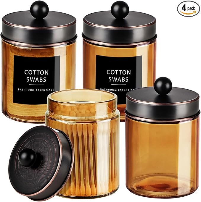 Amolliar Amber Bronze Glass Apothecary Jar With Metal Lid & Labels, Bathroom Qtip Holder Dispenser Storage Canister, Perfect for Cotton Balls, Cotton Swabs, Makeup Pads, Bath Salt, Floss, 4 Pack (ORB)