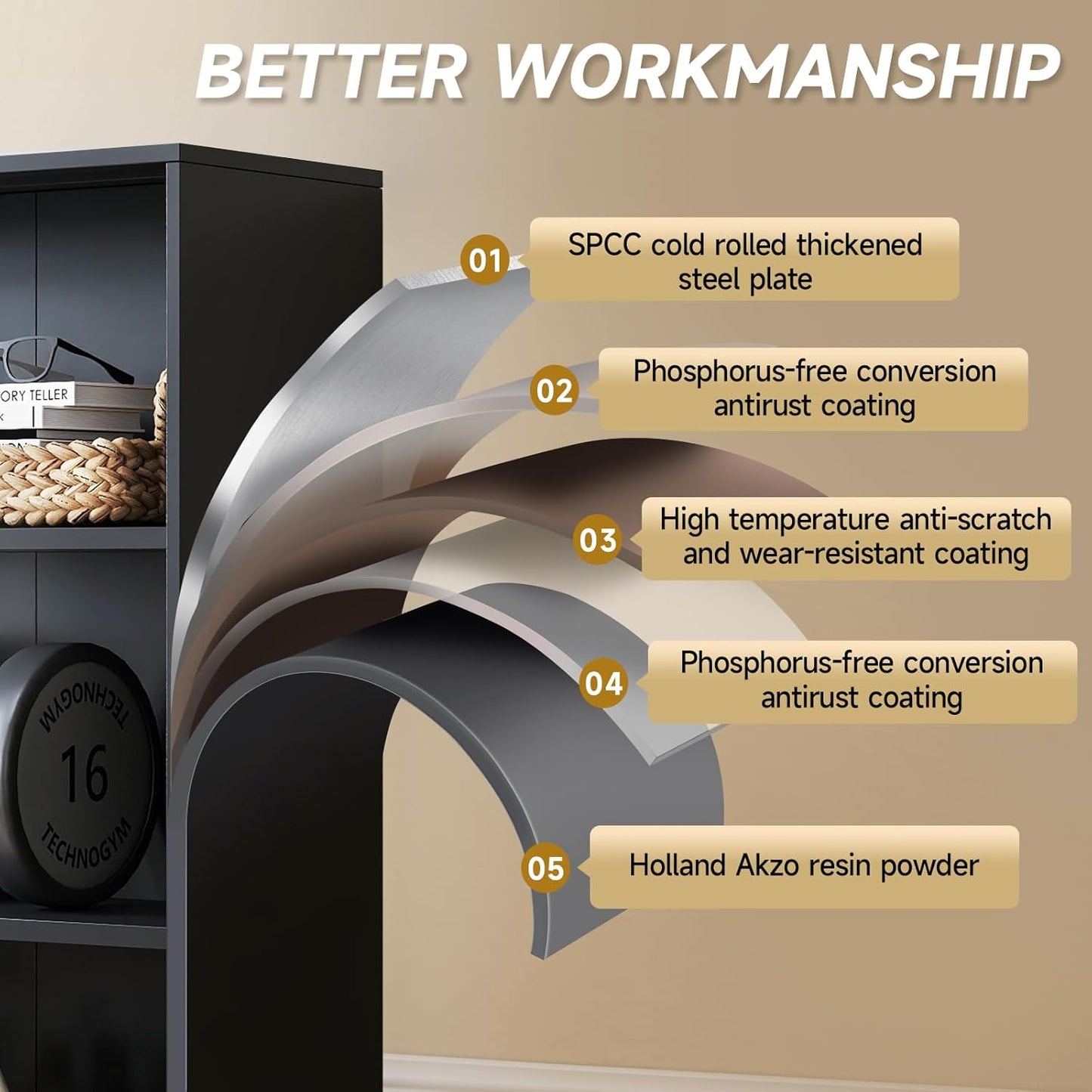 5 Tier Metal Curio Cabinets, Modern Bookshelf Cabinet with 4 Adjustable Shelves, Cabinet Display Case for Home Office, Living Room, Pantry (Black-59H)