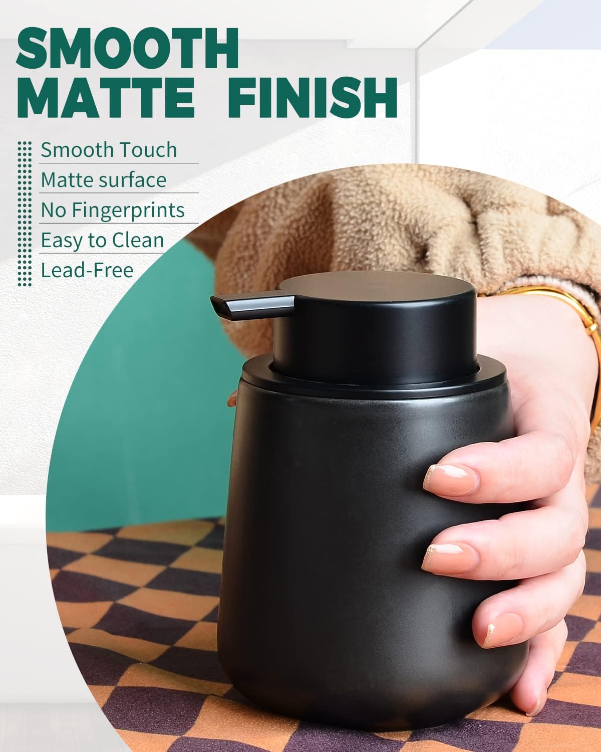 Bosilunlife Ceramic Foaming Soap Dispenser - 12Oz Matte Black Foam Hand Soap Dispenser Bathroom Countertop Kitchen Dish Soap Pump Dispenser Liquid Wash Dispenser for Bathroom