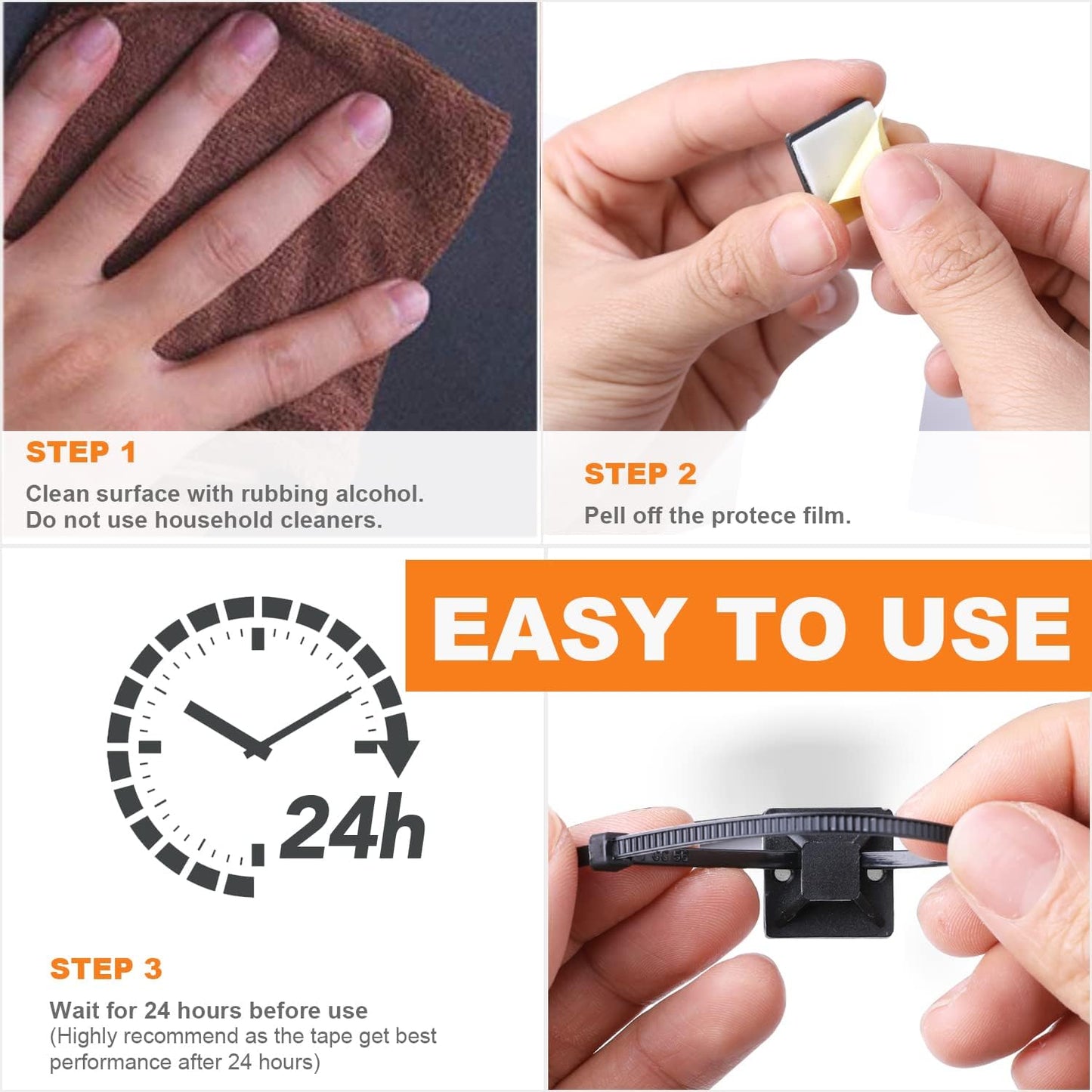 30 Pack 2 inch Zip Tie Adhesive Mounts Self Adhesive Cable Tie Base Holders with Multi-Purpose Tie wire clips with screw hole,Anchor stick on wire holder with 8 inch zip ties（Black）