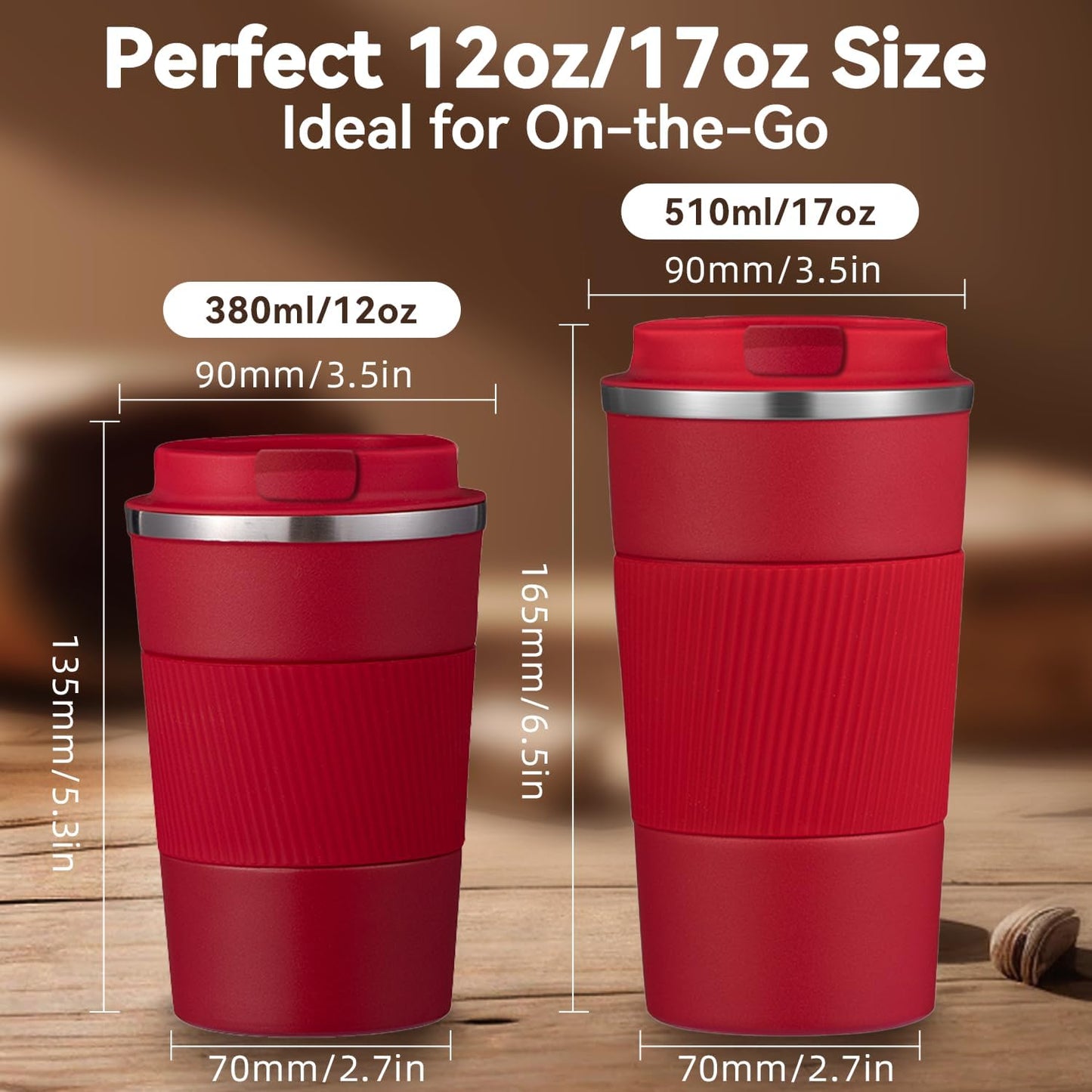 12OZ Travel Coffee Mug Insulated Coffee Cup with Spill Leak Proof Lid, Portable Stainless Steel Tumbler Reusable Hot and Cold Water Mug for Car, Daily, Camping- Red