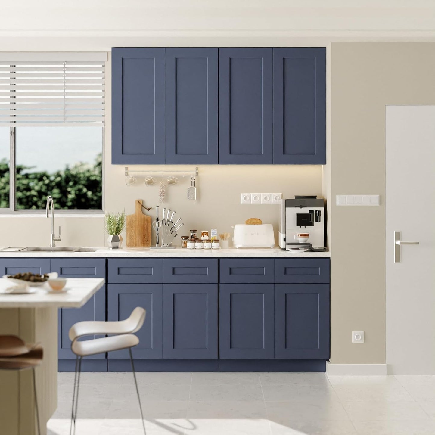 33 Inch Laundry Room Cabinets Wall Mounted, Solid Wood Over The Toilet Storage Cabinet, Bathroom Organizer Cabinets with 2 Shaker Door & Shelves, Easy to Assemble for Kitchen, Garage - Blue