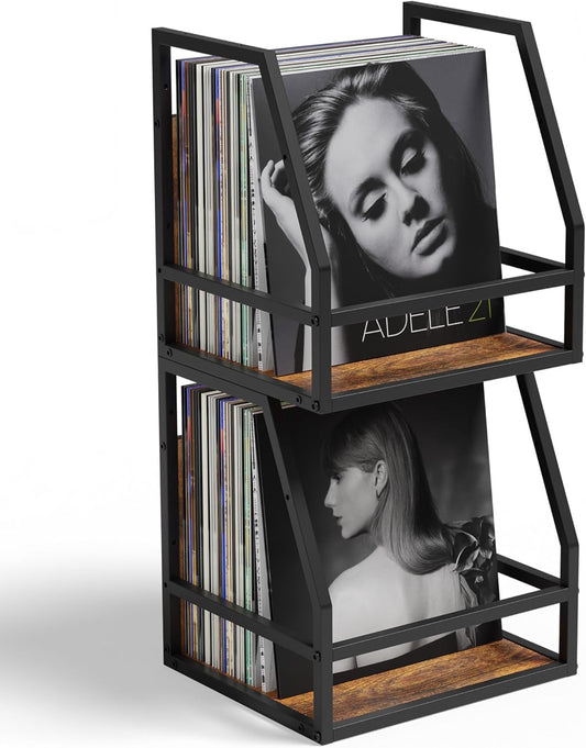 Y&M 2 In 1 Vinyl Record Storage Crate, 2 Pack Wood LP Holder, Wall Mount or Desktop Metal Album Organizer, Holds 80+ Records, Multifunctional Stackable Magazine Display Shelf, Brown