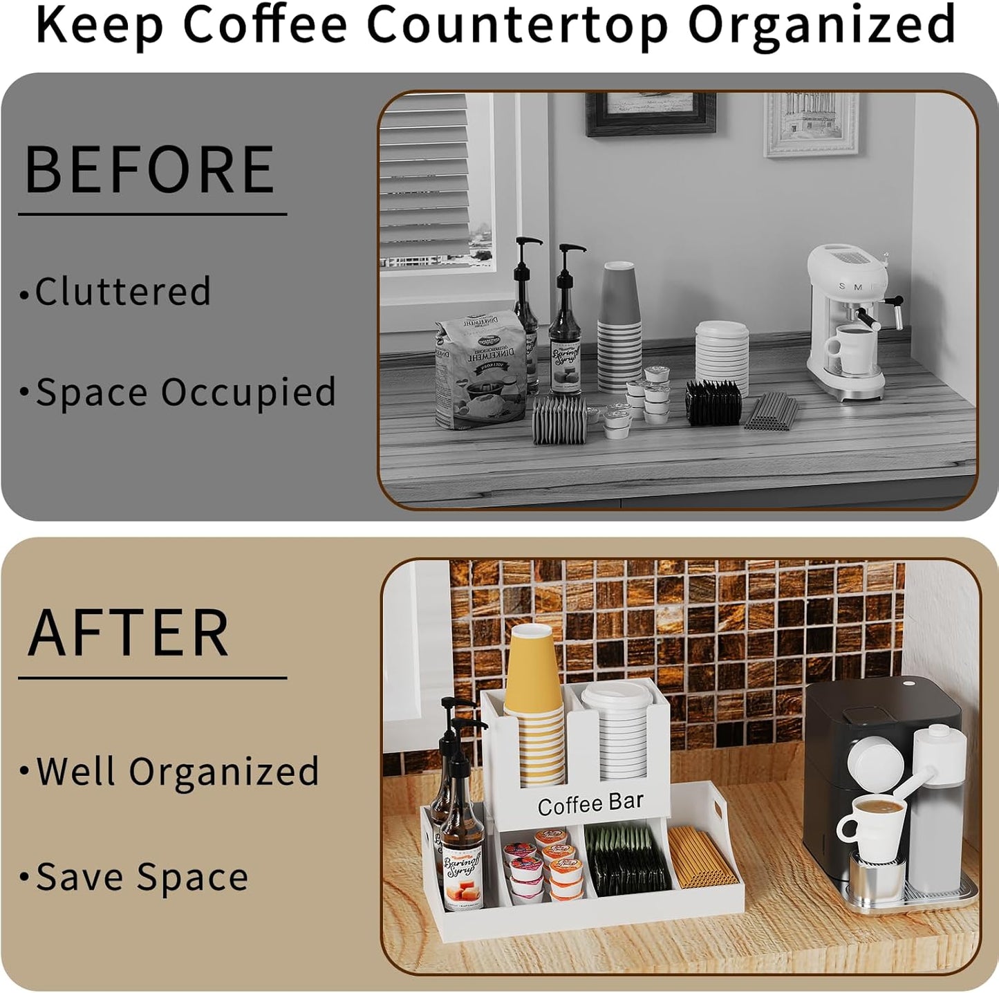 Coffee Station Organizer, Wooden Coffee Bar Organizer for Countertop, Condiment and Cup Storage Organizer, Bar Accessories for Kitchen, Office, Home, White