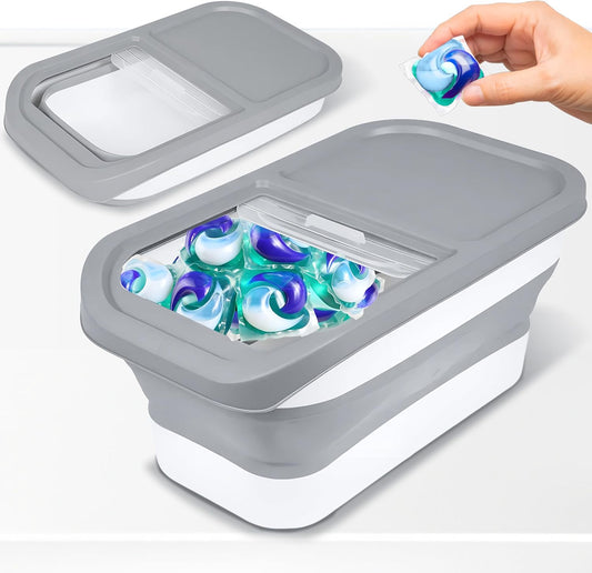 Skywin Grey Modern Expandable Laundry Pod Container, 16.2 x 9.8 x 7.9 In, Holds 11 Pounds OR 120-150 Pods