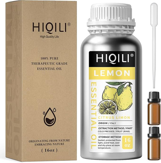 HIQILI Lemon Essential Oil for Cleaning, Degreasing & Household Use, Skin Care, Aromatherapy, Diffuser - 16 Fl Oz