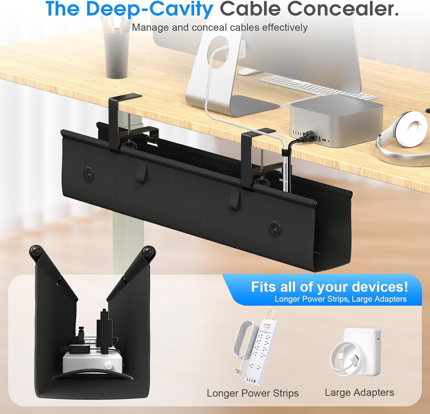 Under Desk Cable Management Tray, 30-inch No-Drill Cord Organizer with Anti-Sag Reinforced Base, Fabric Wire Management Hider for Standing Desk, Office & Gaming Accessories - Black