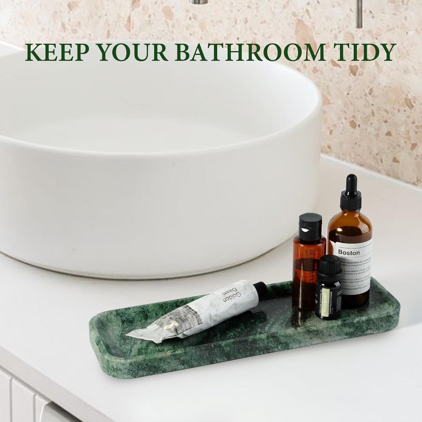 Koville Marble Tray for Bathroom Sink, 12"x4" Natural Stone Vanity Tray for Kitchen Dresser Countertop, Rectangular Decorative Marble Tray for Jewelry Perfume Trinket(Green)