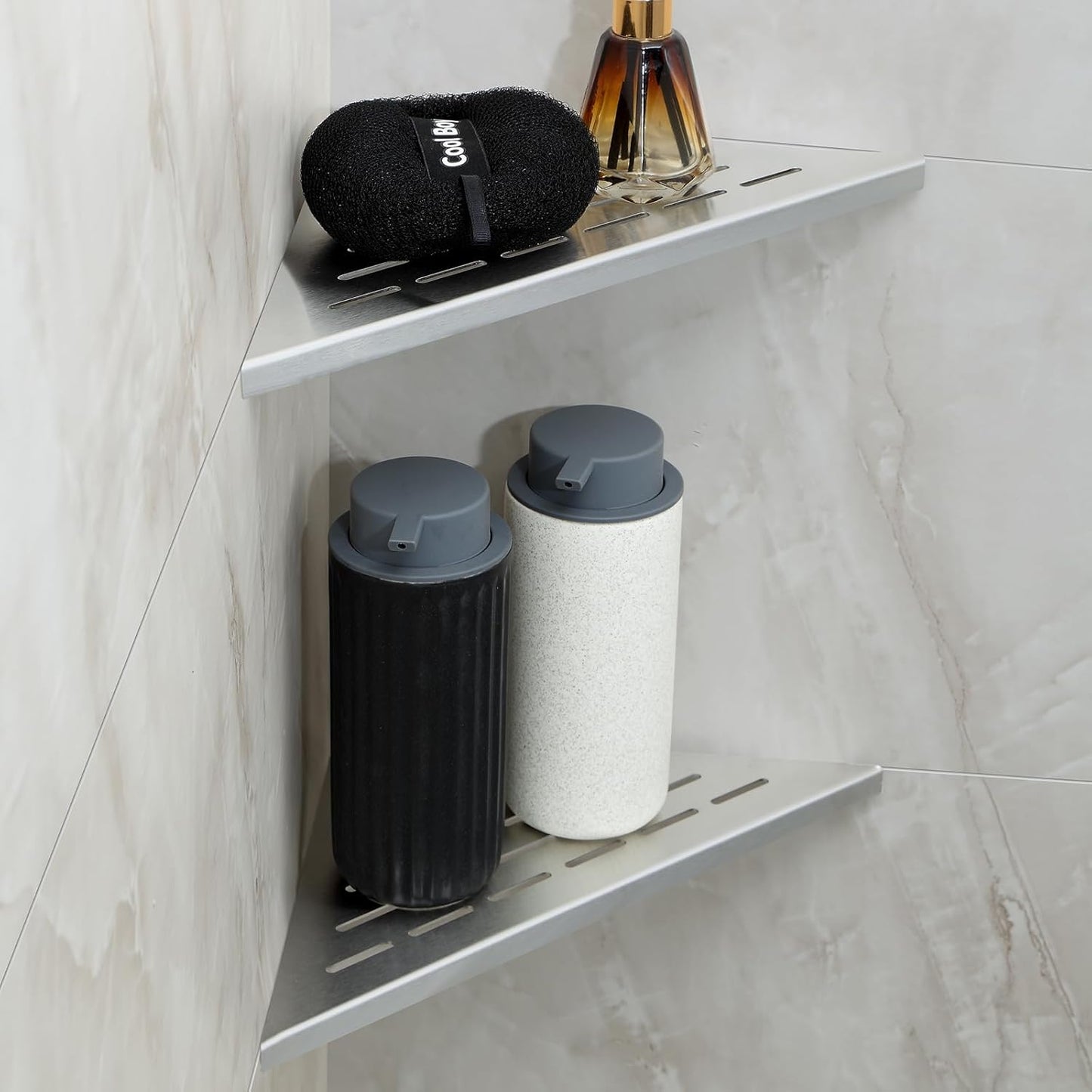 MENATT 10" No Drilling Corner Shower Shelf (2-Pack) – Recessed Stainless Steel Shower Caddy for Tiled Walls, Brushed 304 Steel Bathroom Shelves, Wall Mounted Triangular Organizer