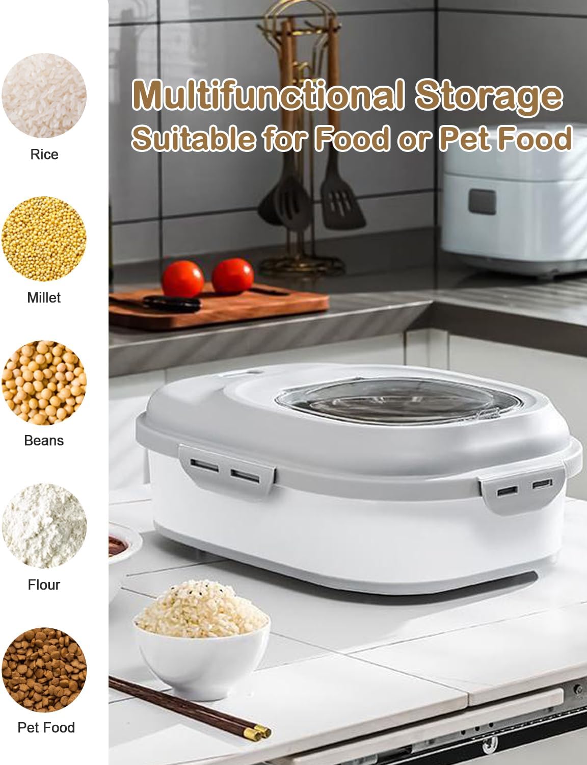 20-50 Lbs Food Storage Container With Wheel, Airtight Locking Lid, Collapsible Rice Container, Flour Storage With Small Container and Scoop, Suitable for Pet Food