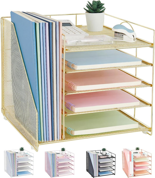Desk Organizers and Accessories, 5-Tier Paper Letter Tray Organizer with File Holder, Desktop Organizer for Office Supplies (Gold)