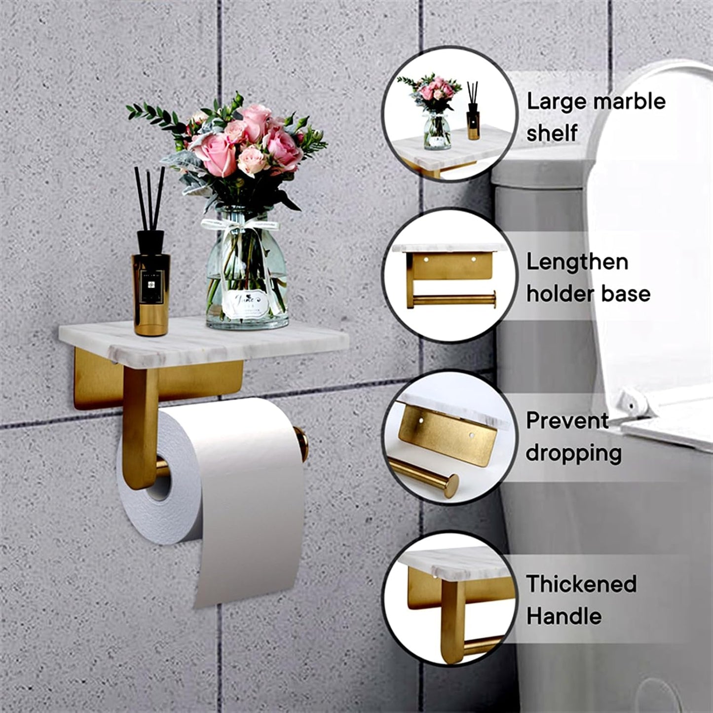 Toilet Paper Holder with Natural Marble Shelf for Bathroom Washroom,Wall Mounted Tissue Holder Suitable for Mega Roll (Brushed Gold, Small 6.7 * 4.3 in)