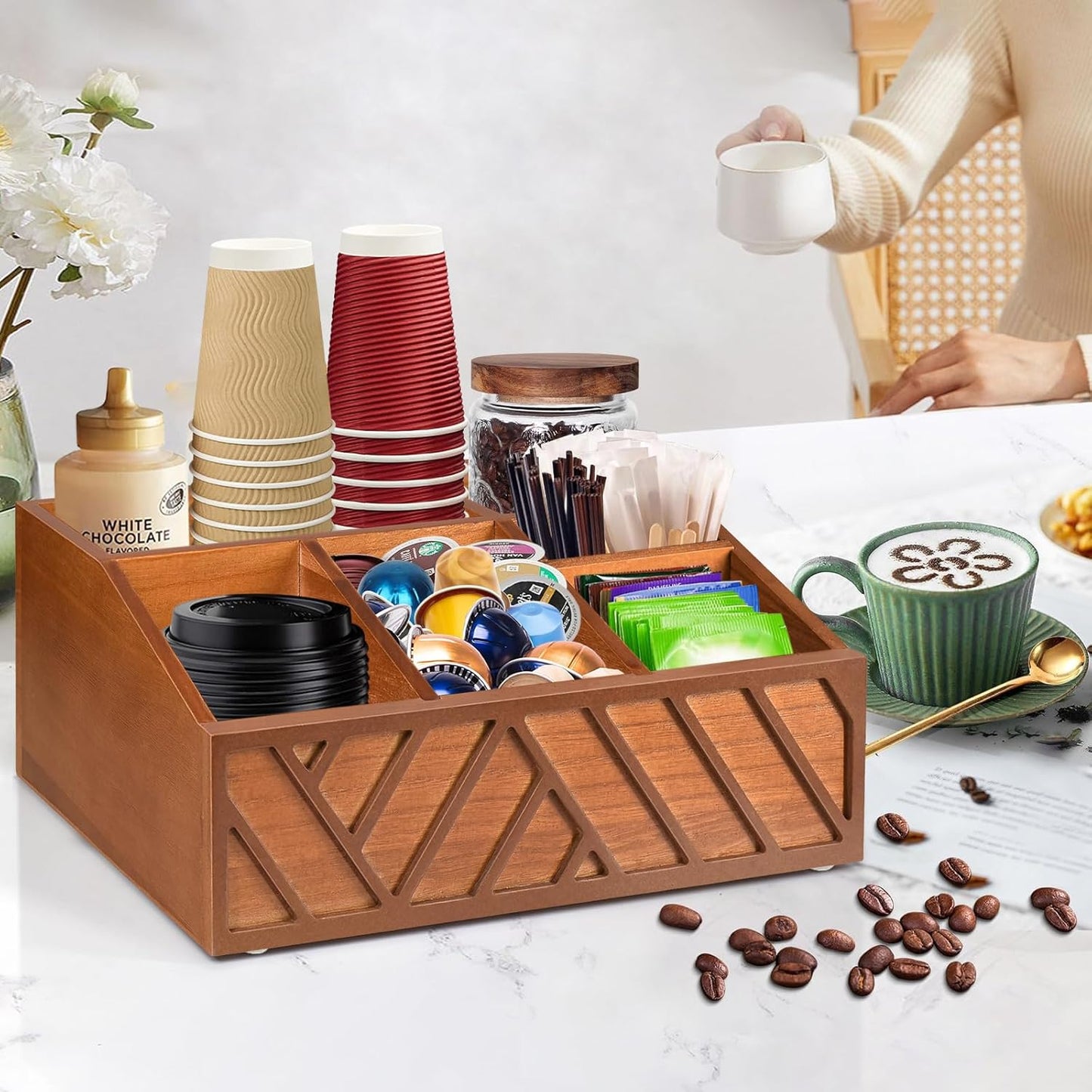 ugiftt Coffee Station Organizer for Counter, Wood Pods Holder Storage Basket, Tea Condiment Storage Organizer, Rustic Coffee Bar Decor for Accessories Organizer