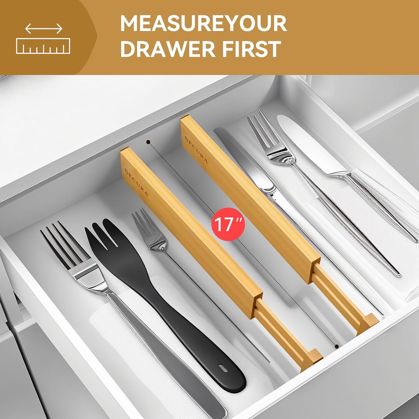 Secura Bamboo Drawer Dividers Organizer 4-Pack, Adjustable Drawer Separators Expandable from 12.0-17.1 inches for Kitchen, Office, Bathroom, Closet, Dresser