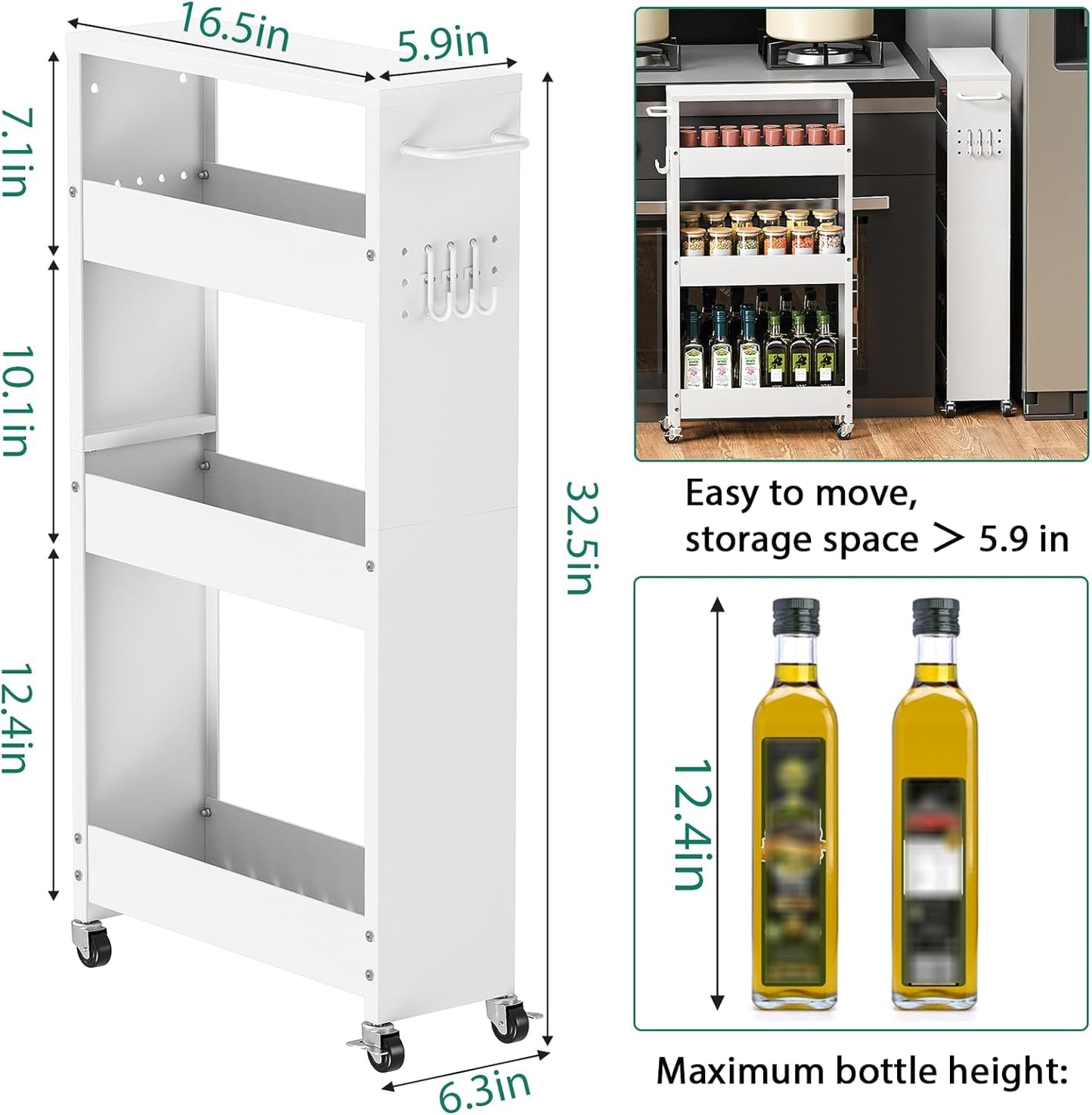 Slim Storage Cart, 4 Tier Rolling Kitchen Cart on Wheels for Small Space, Narrow Laundry Bathroom Organizers Mobile Shelving Unit Metal Utility Cart with Handle, 5.9in Width, White