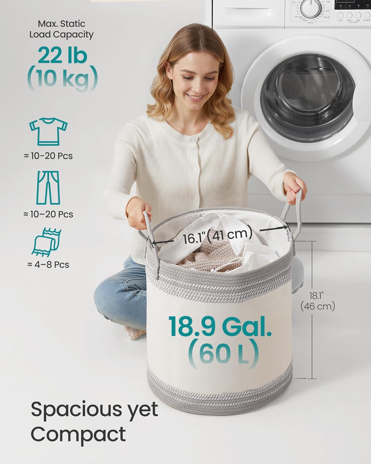 SONGMICS Laundry Hamper 60L, Laundry Basket with Handles, Laundry Bag with Lid, Cotton Rope, Drawstring, for Clothes, Blankets, Living Room, Bedroom, Dove Gray URLH060G01