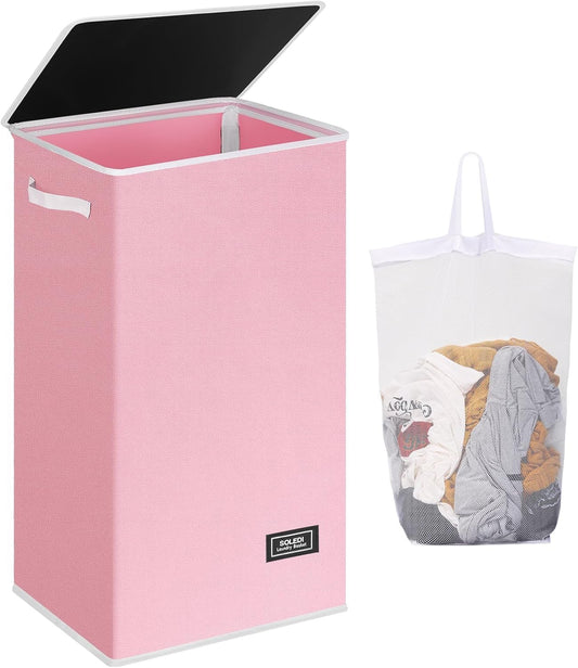 SOLEDI Laundry Hamper with Lid 100L Large & Tall Collapsible Laundry Basket, Clothes Hamper with Bag Removable Easy to Carry, Dirty Hampers for Bedroom, Bathroom, Dorm, College, Pink