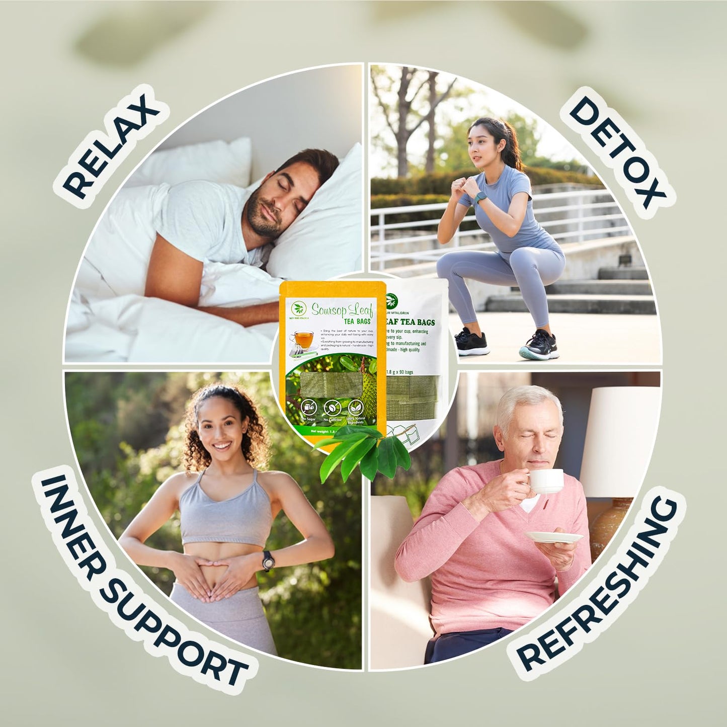 Soursop Graviola Leaf Tea Samplers - 15 Count, Bamboo Tong Included, No Sugar Added, No Caffeine, Re-Steep Morning Herbal Detox Tea for Relax & Refreshing, Hoja De Guanabana Mini Tea Bags