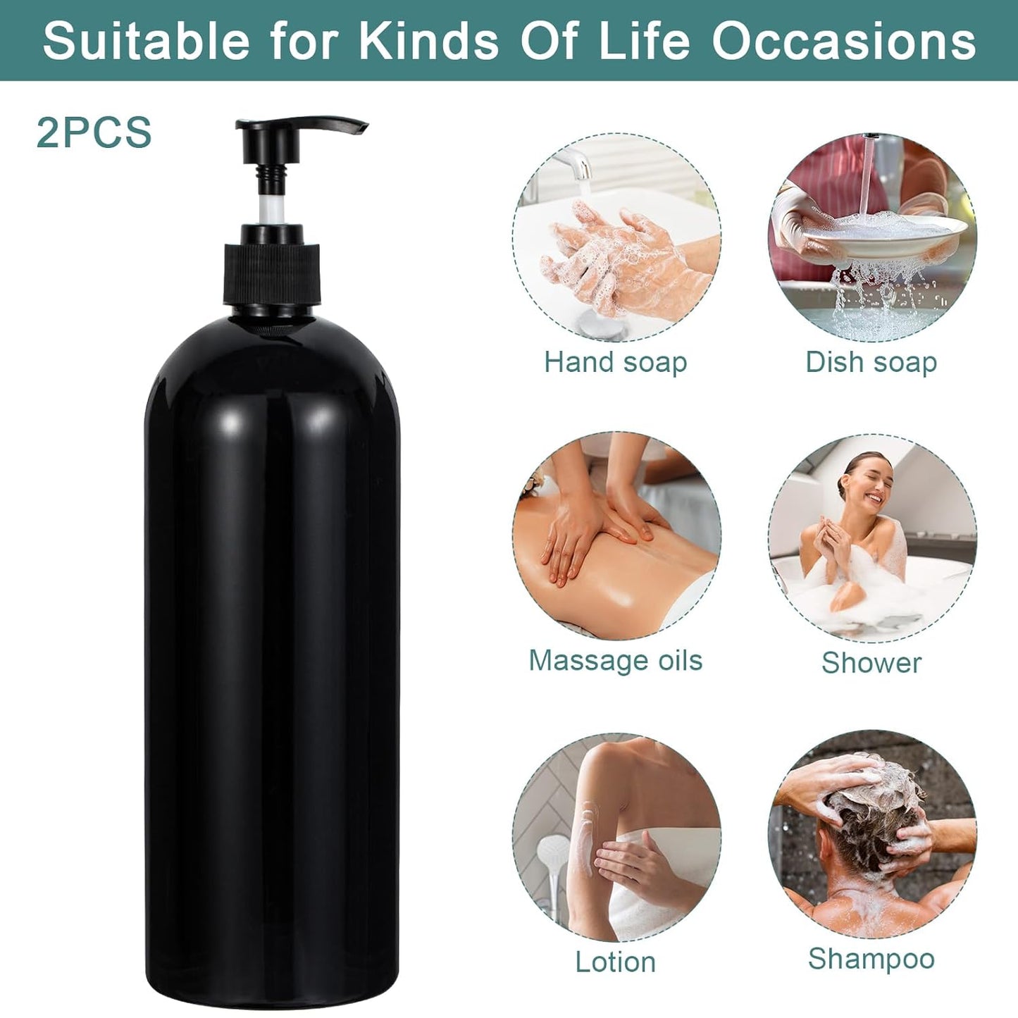 Yebeauty Pump Bottle Dispenser, 33.8oz 1000ml Empty Plastic Shampoo and Conditioner Dispenser, Refillable Shower Soap Dispenser Pump Bottle Containers for Bathroom Kitchen Home, 2 Pack Black