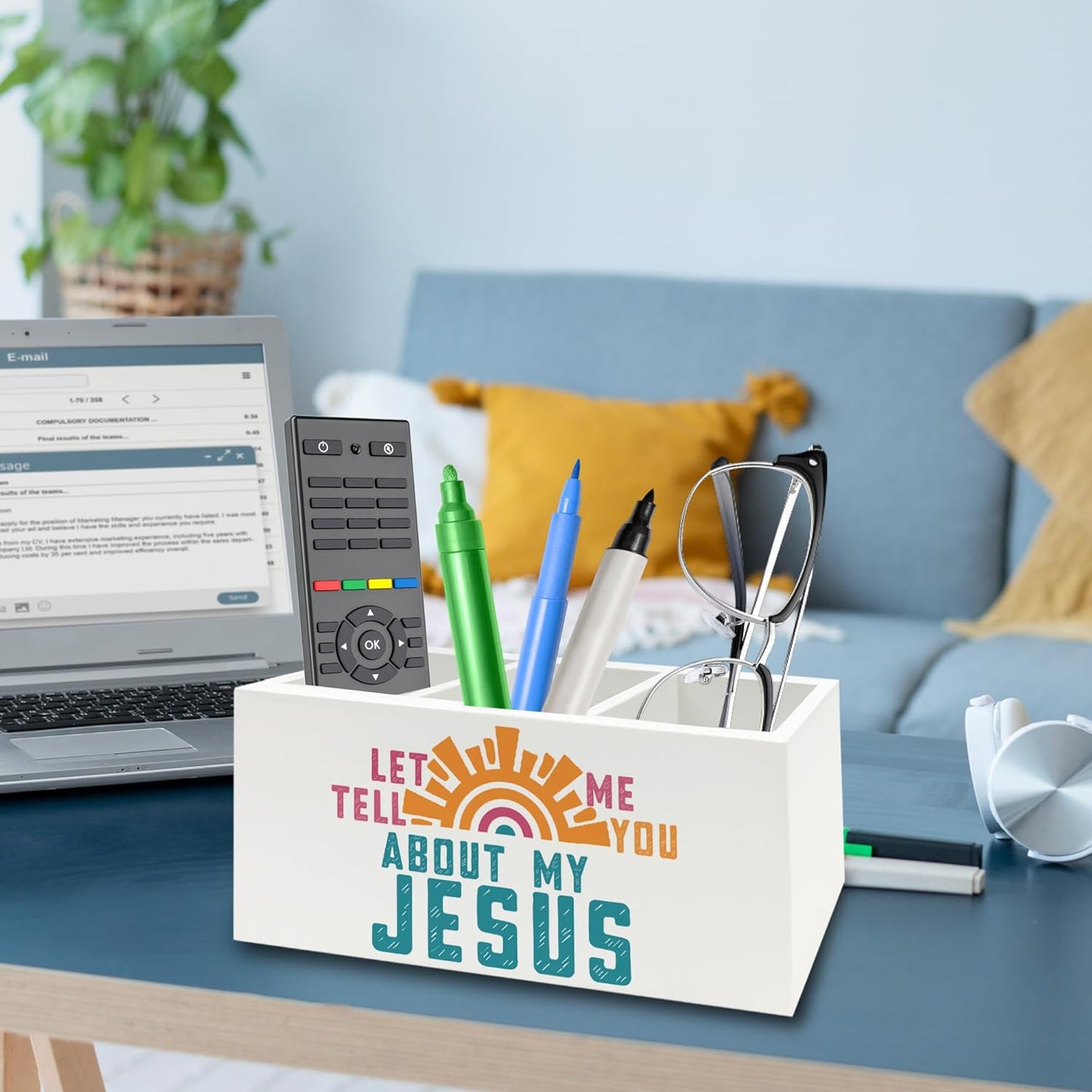 Boho Jesus Christian Pen Pencil Holder Organizer for Desk, Let Me Tell You about My Jesus Bible Verse Wooden Box Signs Decorations for Home Office Desk Tabletop