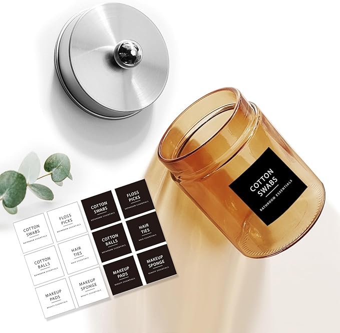 Amolliar Bronze Glass Apothecary Jar With Metal Lid & Stickers, Bathroom Qtip Dispenser Storage Canister, Perfect for Cotton Balls, Cotton Swabs, Makeup Pads, Bath Salt, Floss, 2 Pack (Brushed Nickel)