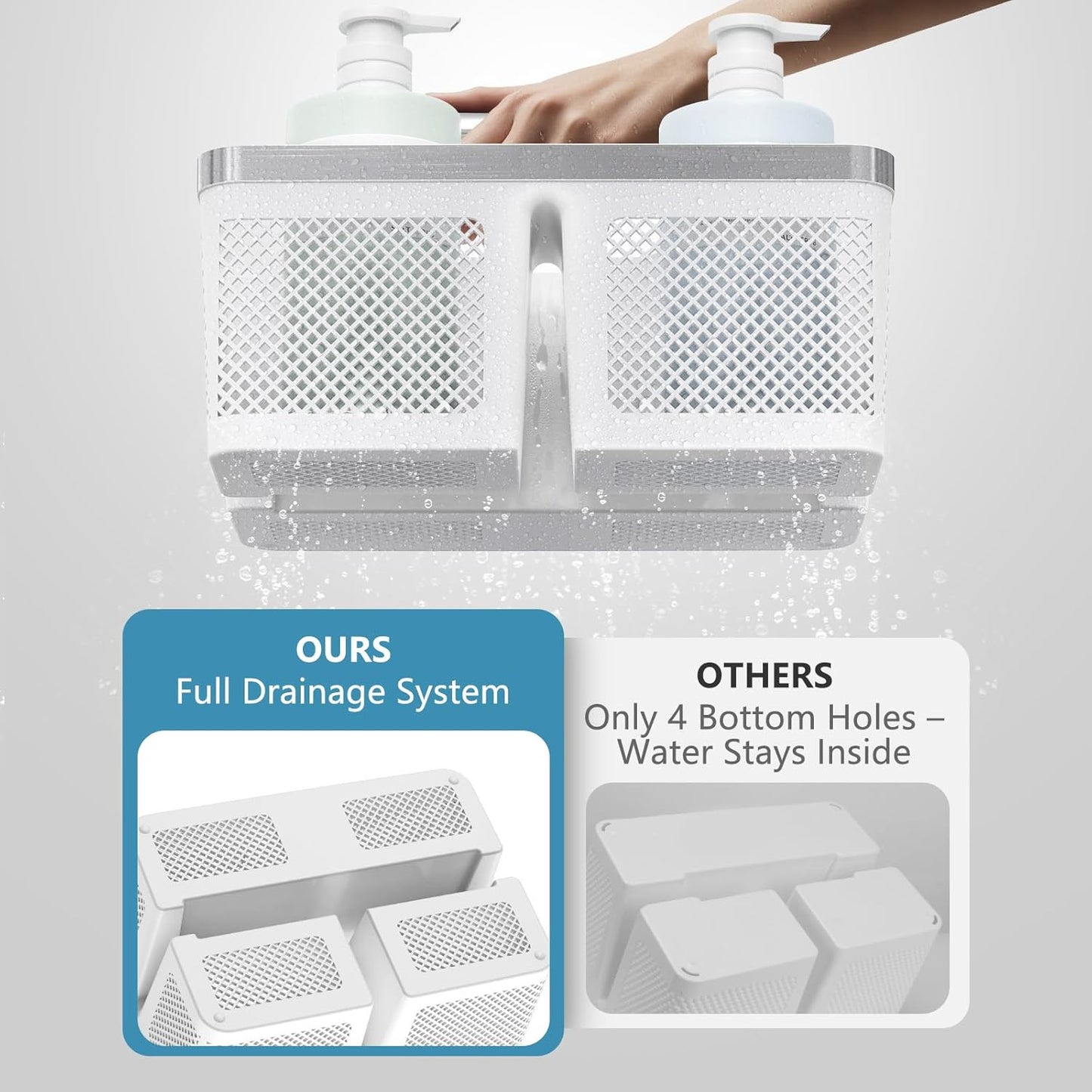2Pack Shower Caddy Dorm: Portable Bathroom Caddy Organizer with Handle and Holes, Plastic Cleaning Caddy, Hard Shower Basket Storage Tote for Toiletry, College Dorm Room Essentials White/Silver